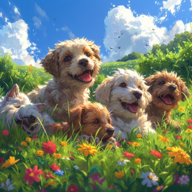 Five happy puppies playing in a field of flowers