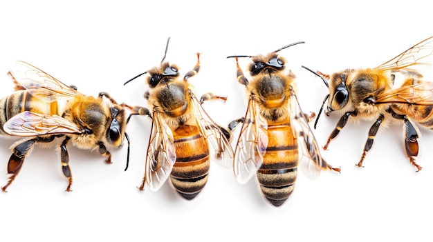 Five honeybees wings spread against a white backdrop