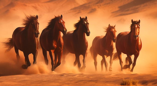 Five horses are running in the desert