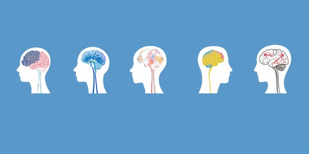 five human head outlines with colorful anatomical brain illustrations aligned on bright blue