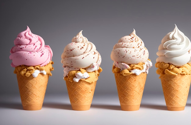 Five ice cream cones in a row, one of which has a pink and white swirl on the top.