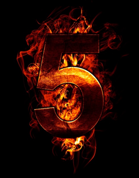 five, illustration of  number with chrome effects and red fire on black background