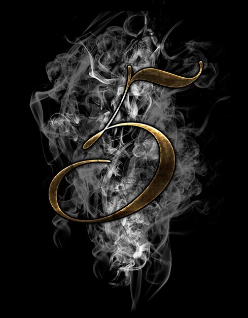 five, illustration of  number with gold effects on smoke background