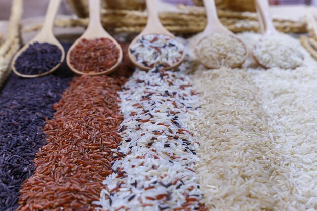 Photo five kinds of rice on wooden spoon.