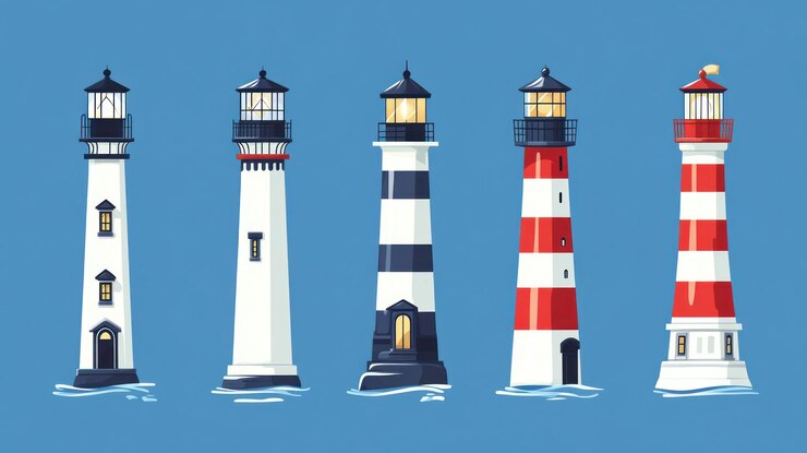 Photo five lighthouses various designs sea