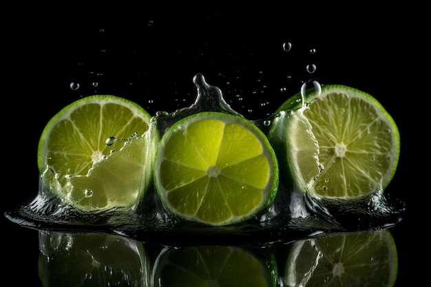 five lime slices Splash of water drops over black background