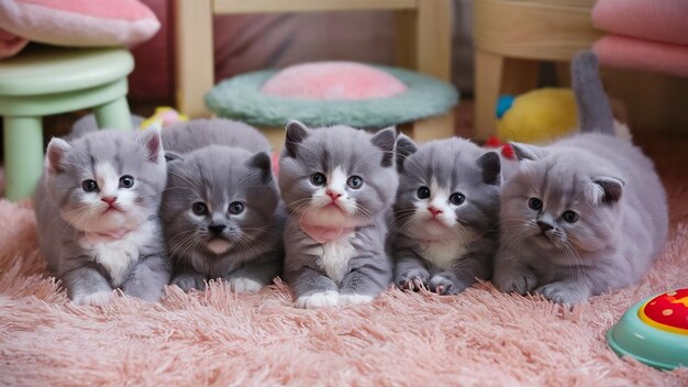 五匹の小さな灰色の子猫がピンクのカーペットに横たわっている