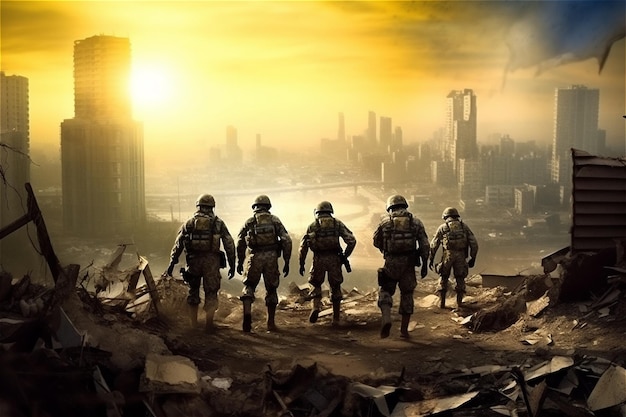 Five military men A group of soldiers on a background city War operations Generative AI