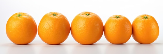 Five Oranges Lined Up In A Row On A White Background