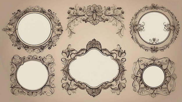 Five ornate vintage frames on a beige background