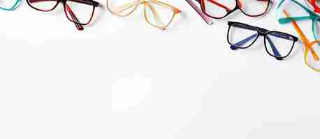 Photo five pairs of glasses in a row on a white background