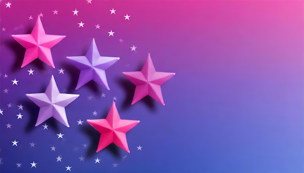 Фото Пять розовых звезд на фиолетовом и синем градиенте фон с копировальным пространством плоский вид сверху
