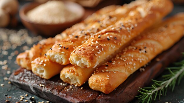 Five pretzel sticks on a wooden board with rosemary