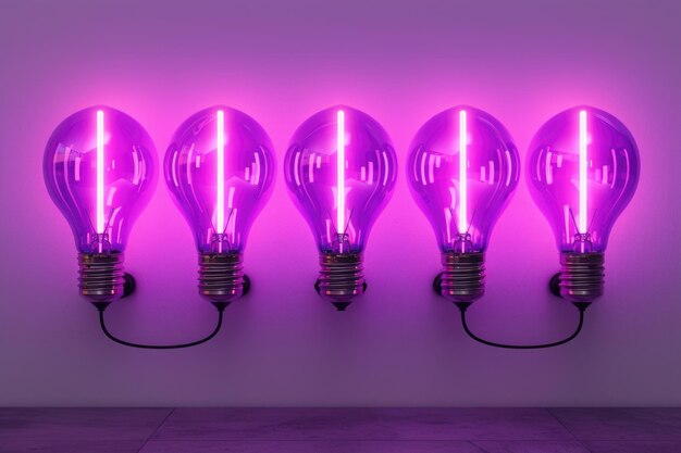 Five purple neon bulbs on white wall