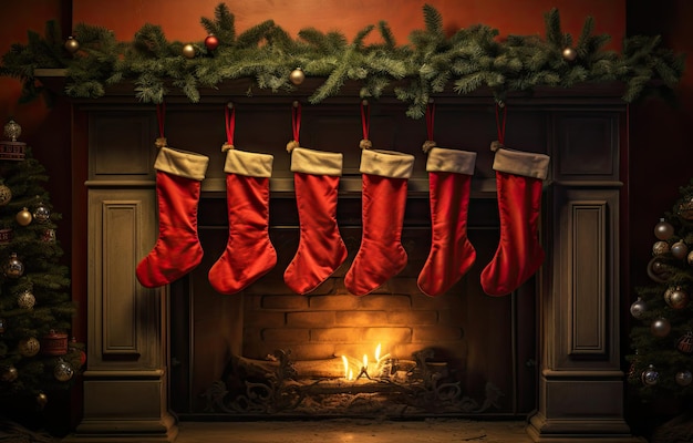 Photo five red stockings hanging from a fir tree near a fireplace in the style of pilesstacks combining natural and manmade elements quantum wavetracing ar 2516 v 52 job id 395d7efda45642bb832bb29603c05ef5