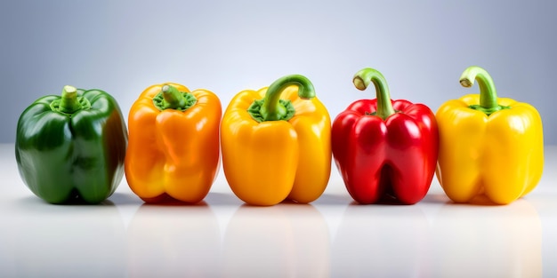 Five ripe colorful bell peppers on the white backdrop Organic vegetables for healthy lifestyle Generative AI