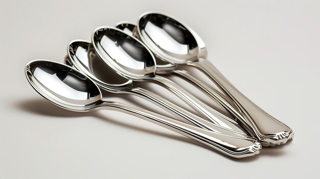 Photo five shiny silver spoons are arranged in a staggered diagonal pattern against a pale gray background