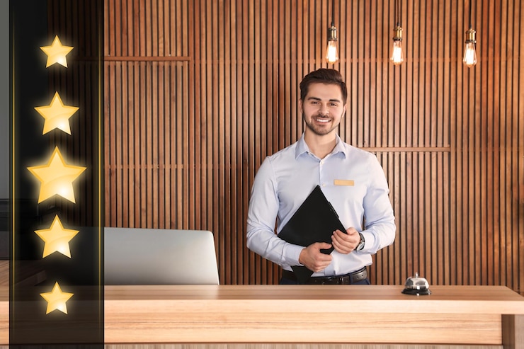 Photo five star luxury hotel portrait of receptionist at desk in lobby