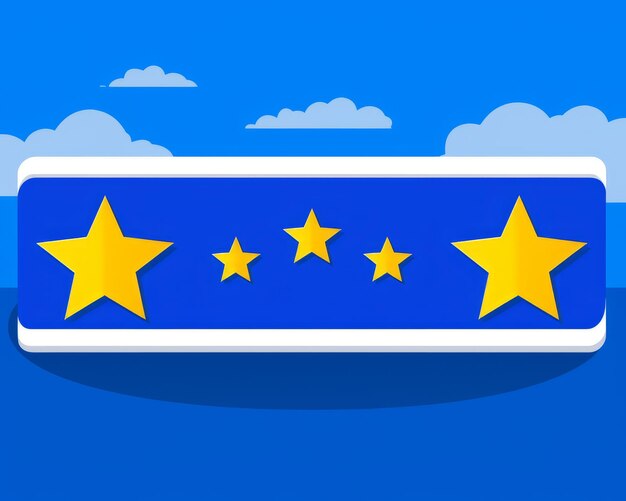 Five stars on a blue background with clouds in the background