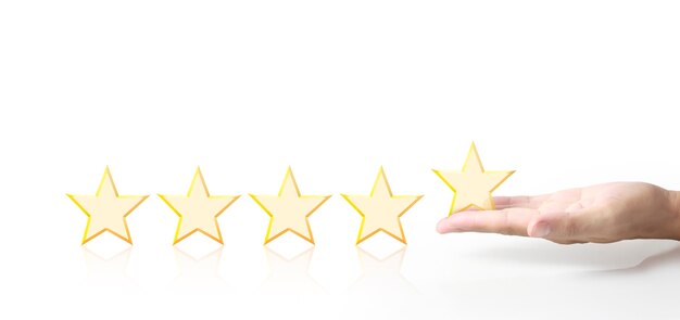 Five stars in hand. Increase rating evaluation and classification concept