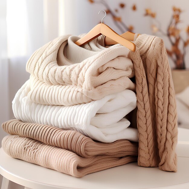 Five sweaters hanging up on a hanger with a table in background