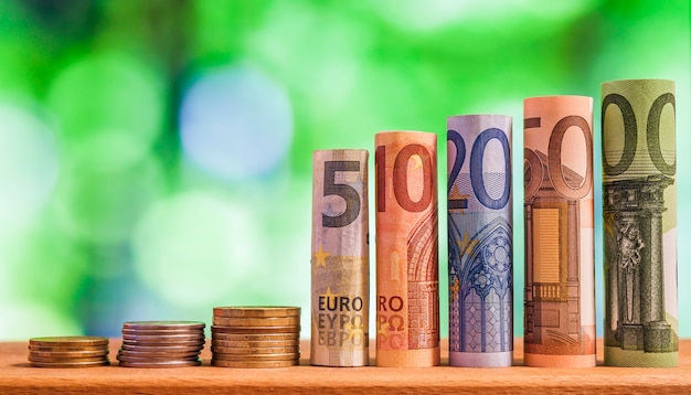 Five, ten, twenty, fifty and one hundred euro rolled bills banknotes, with euro coins on green blurred bokeh background.