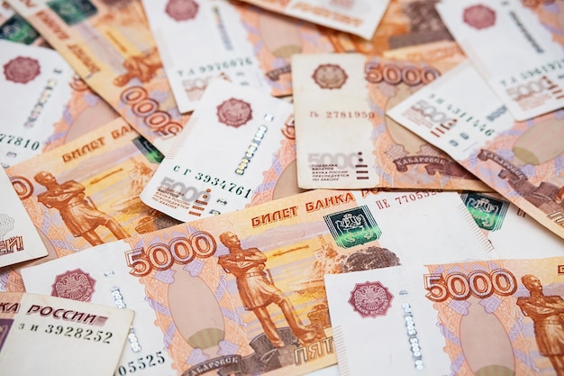 Five thousand rubles bills Russian paper currency background