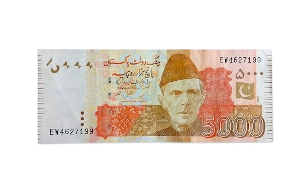 Five Thousands Pakistani Currency note Isolated on white Background Pakistani Rupees 5000 Rupees