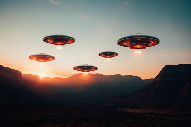 Пять титановых НЛО, летящих в разных направлениях.