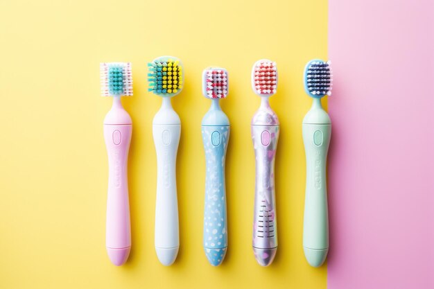 five toothbrushes on a bright yellow background