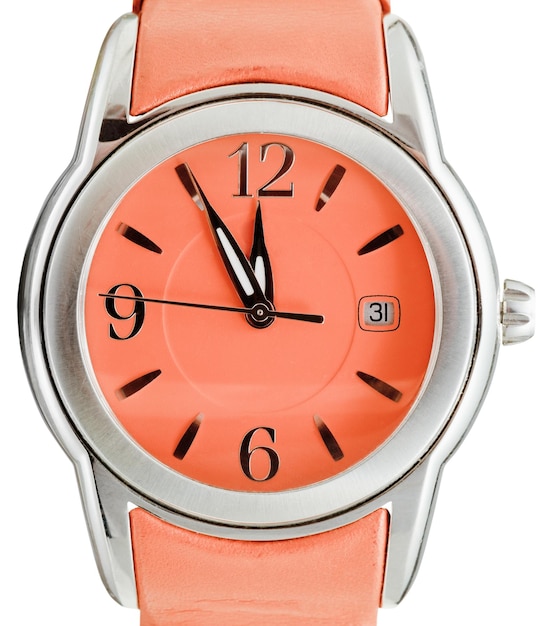 Five to twelve o'clock on dial orange wristwatch