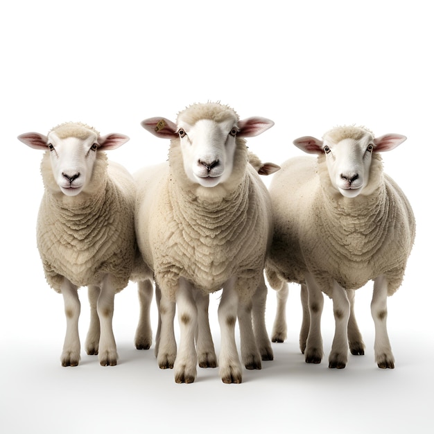 five white sheeps on White background