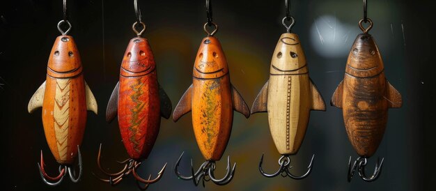 Five wooden textured minnow spinners