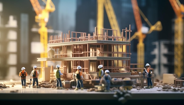 Five workers working on a building Miniature blur background