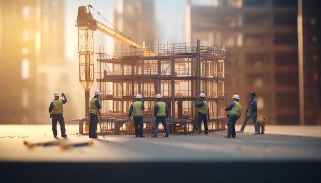 Five workers working on a building miniature blur background