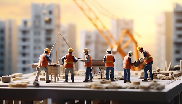 사진 건물 에서 일 하는 다섯 명 의 노동자 들 소형 의 흐릿 한 배경