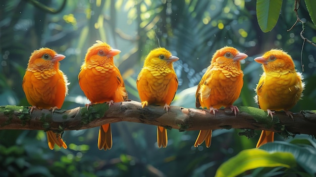 Five yellow birds sitting on a branch in the jungle