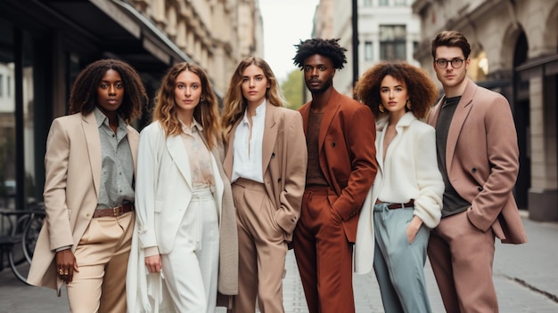 Five young men and women wearing fashionable outfits on the street designer outfits