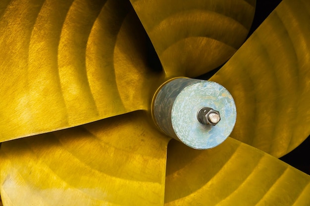 Fivebladed ship propeller closeup with zinc corrosion protection in the center