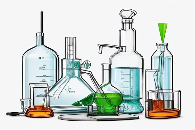 Photo fixed laboratory glassware on support on flask for experiment on white background