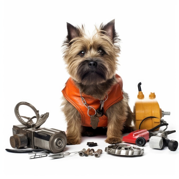 Photo fixing a toy car with a cairn terrier