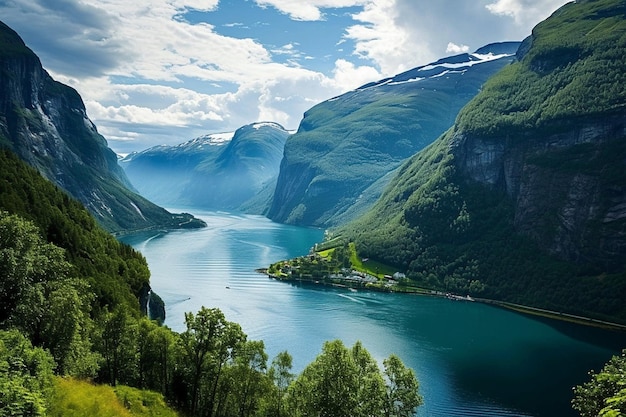 Fjord met uitzicht op bergen en fjordlandschap in Noorwegen landschap met blauwe hemel