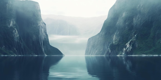 Fjord minimalistic landscape Fog over mountains Generative AI