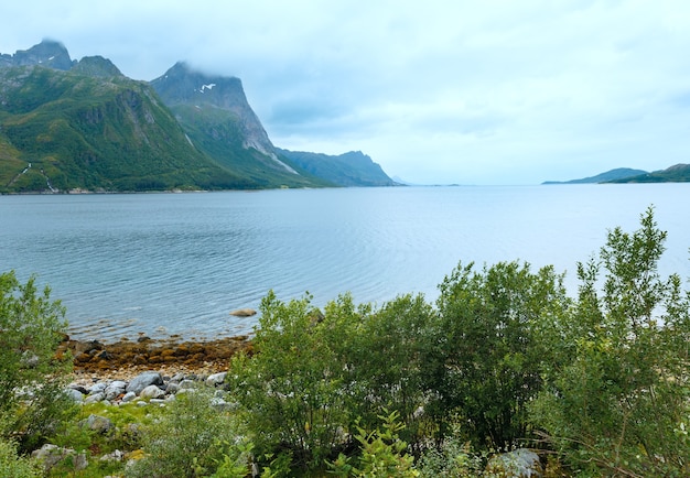 石のビーチとフィヨルドの夏の曇りの景色（ノルウェー）