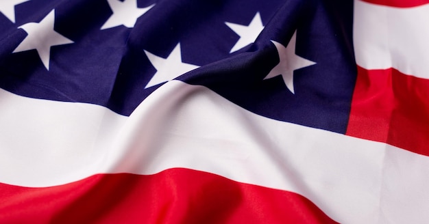 Fladderende vlag VS met golf Amerikaanse vlag voor Memorial Day of 4 juli Close-up van Amerikaanse vlag