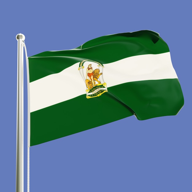 Flag of Andalusia, Spain on flagpole waving in the wind isolated on blue sky background