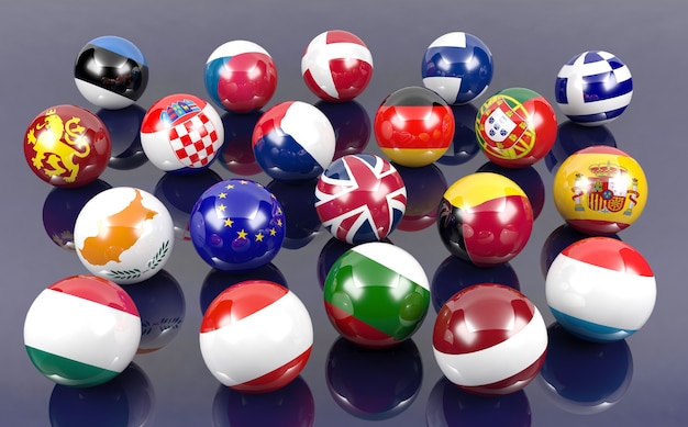 Flag balls of European countries, 3D Rendering