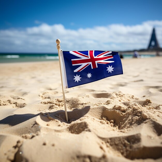 Photo a flag on a beach with the australian flag in the sun