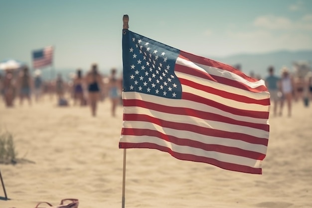 A flag on the beach with the word usa on it