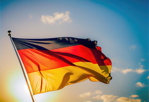 A flag blowing in the wind against a blue sky